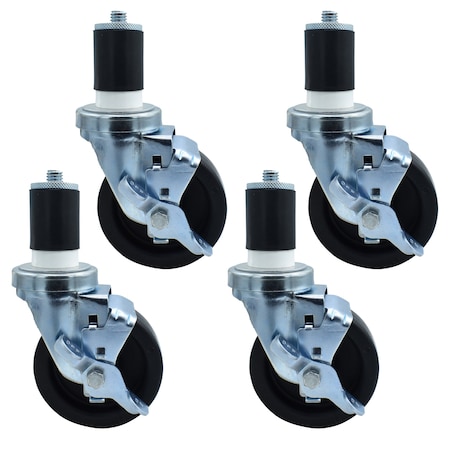 Bk Resources 4-inch Polyolefin Stem Casters, Top Lock Brake, 300lb Capacity, 4PK 4SBR-RA-LDP-PS4